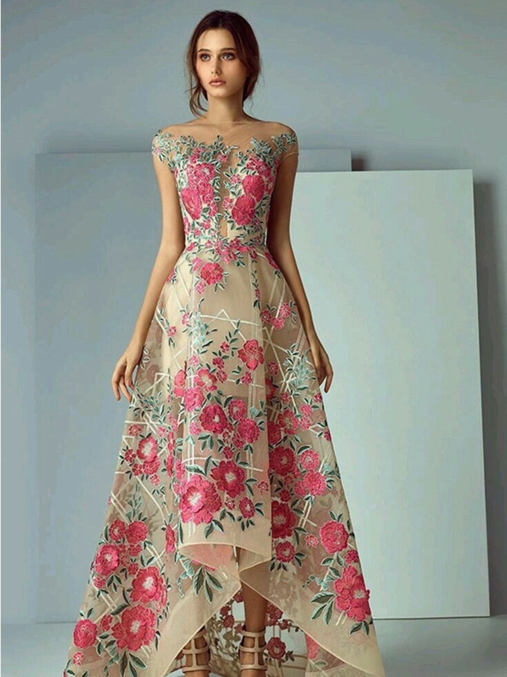 Floral Embroidered Pink & Cream Evening Dress